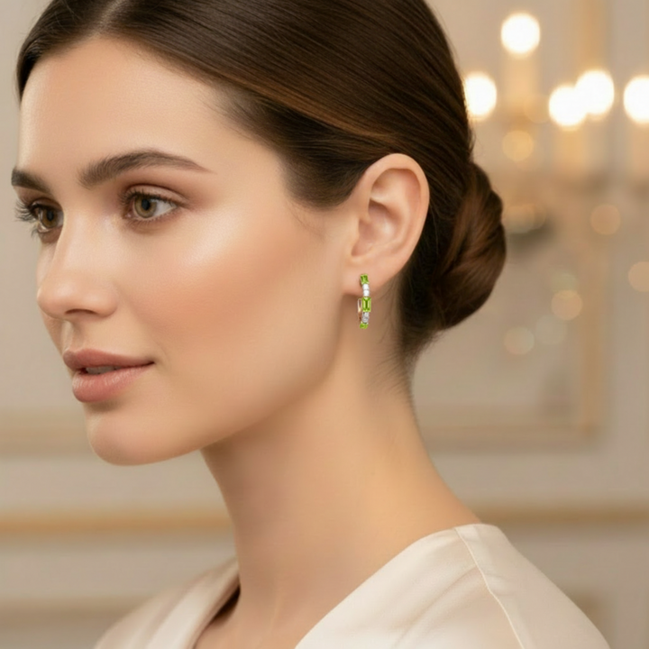 14K Natural Peridot and Diamond Hoop Earrings shown on a Model, Baguette Hoops with Alternating Peridot baguettes and round Diamonds, August Birthstone Earrings with green gemstones. | Rare Earth Jewelry