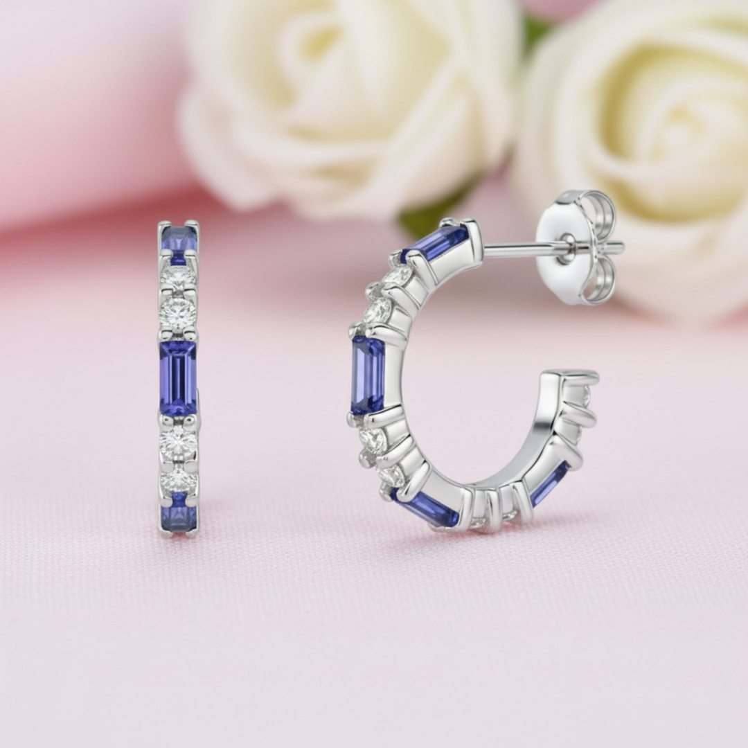 A pair of 14K natural Tanzanite and Diamond hoop earrings with alternating Tanzanite baguettes and round diamonds, December Birthstone hoops | Rare Earth Jewelry