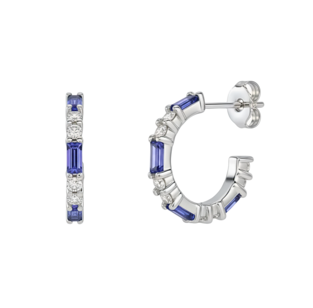14K Natural Tanzanite and Diamond Hoop Earrings, with alternating Tanzanite Baguettes and Round Diamonds.  December Birthstone Earrings shown in White Gold | Rare Earth Jewelry