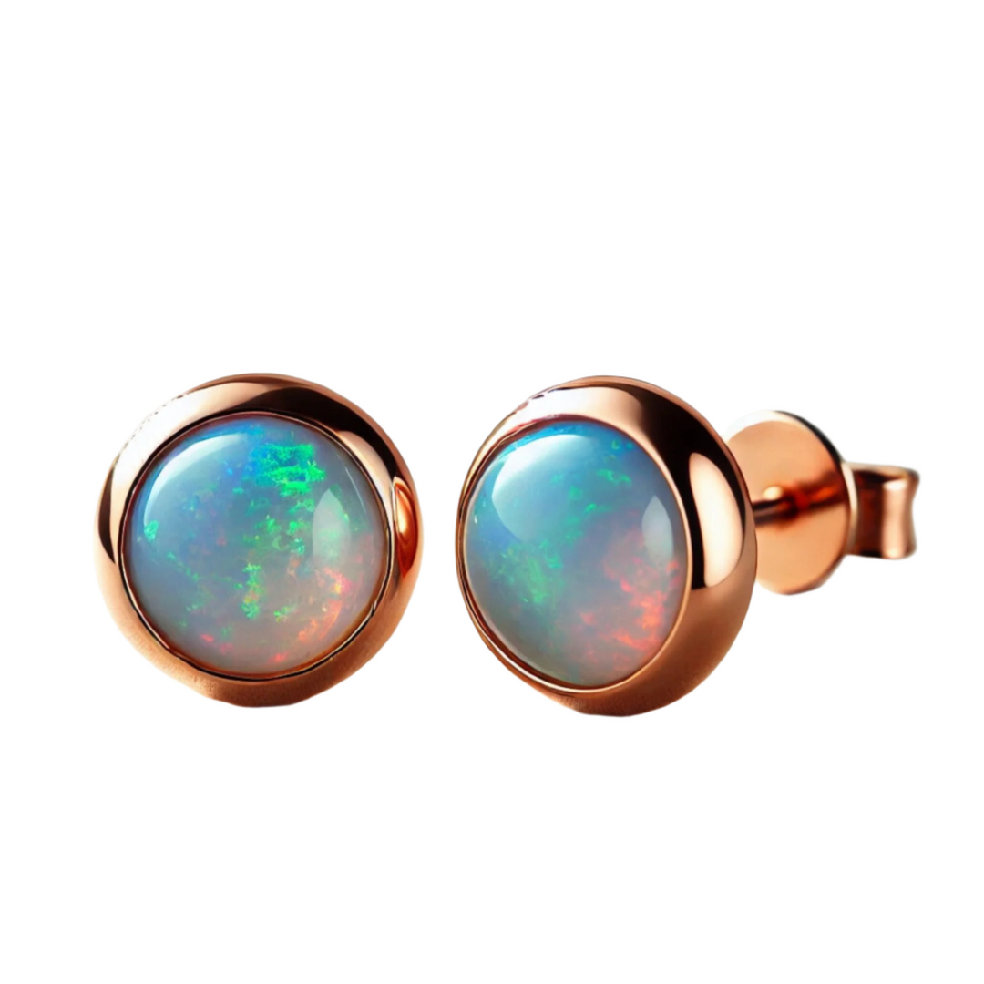 Natural Australian Opal Stud Earrings, AAA Grade Natural Opal Cabochons Bezel Set in 14K Gold