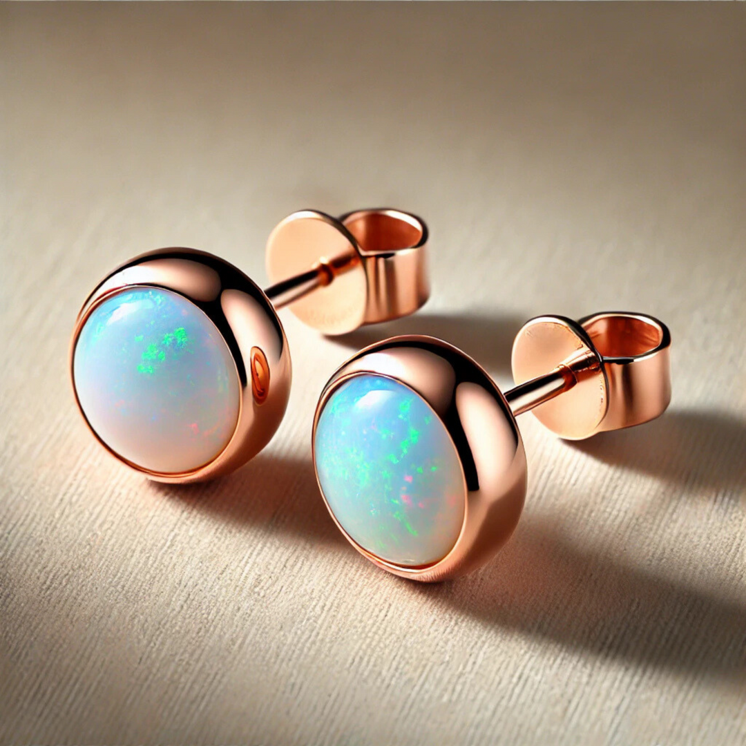 Natural Australian Opal Stud Earrings | AAA Grade Bezel Set in 14K Gold