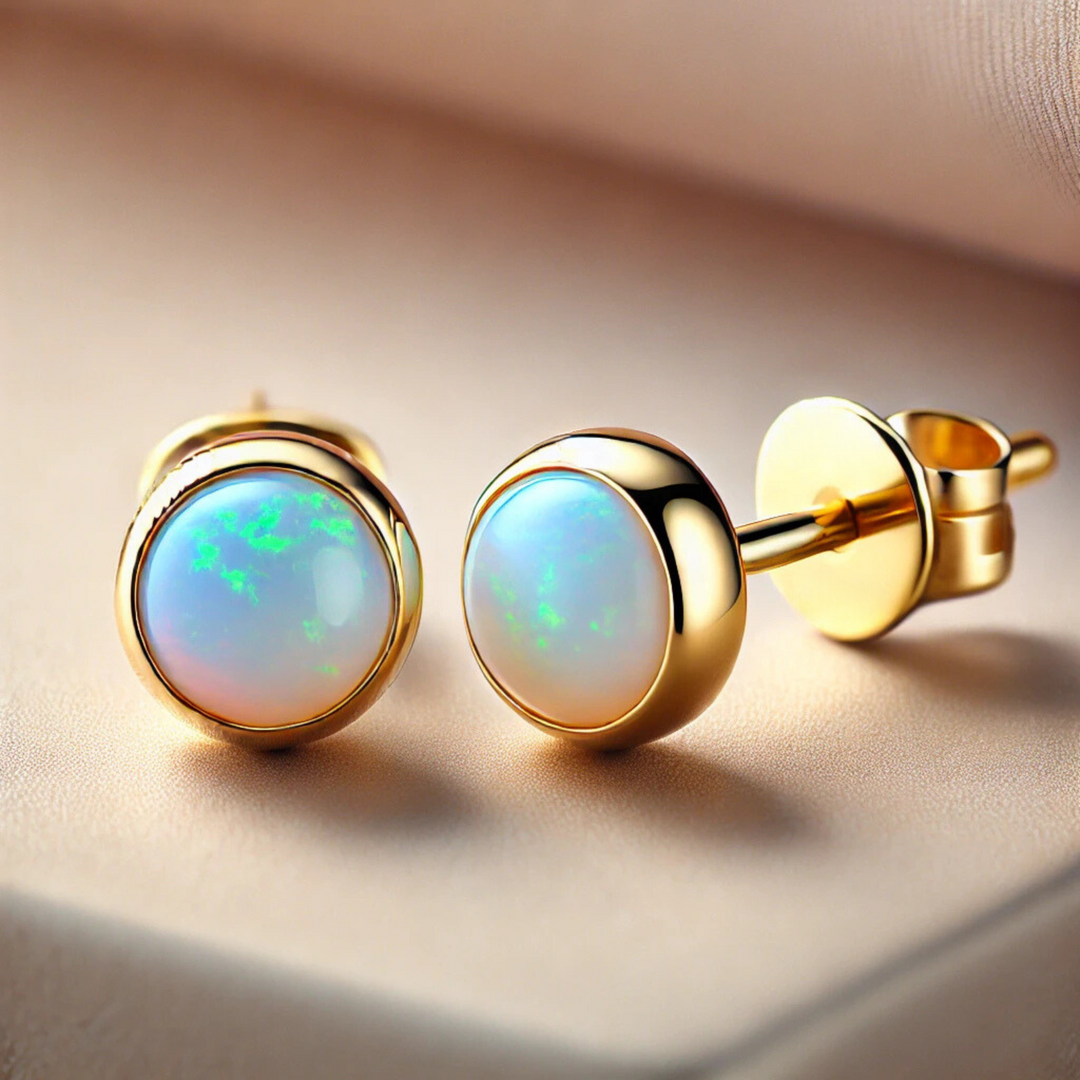 Real Australian Opal Stud Earrings, Natural Solid Opal Earrings, 14K Yellow Gold