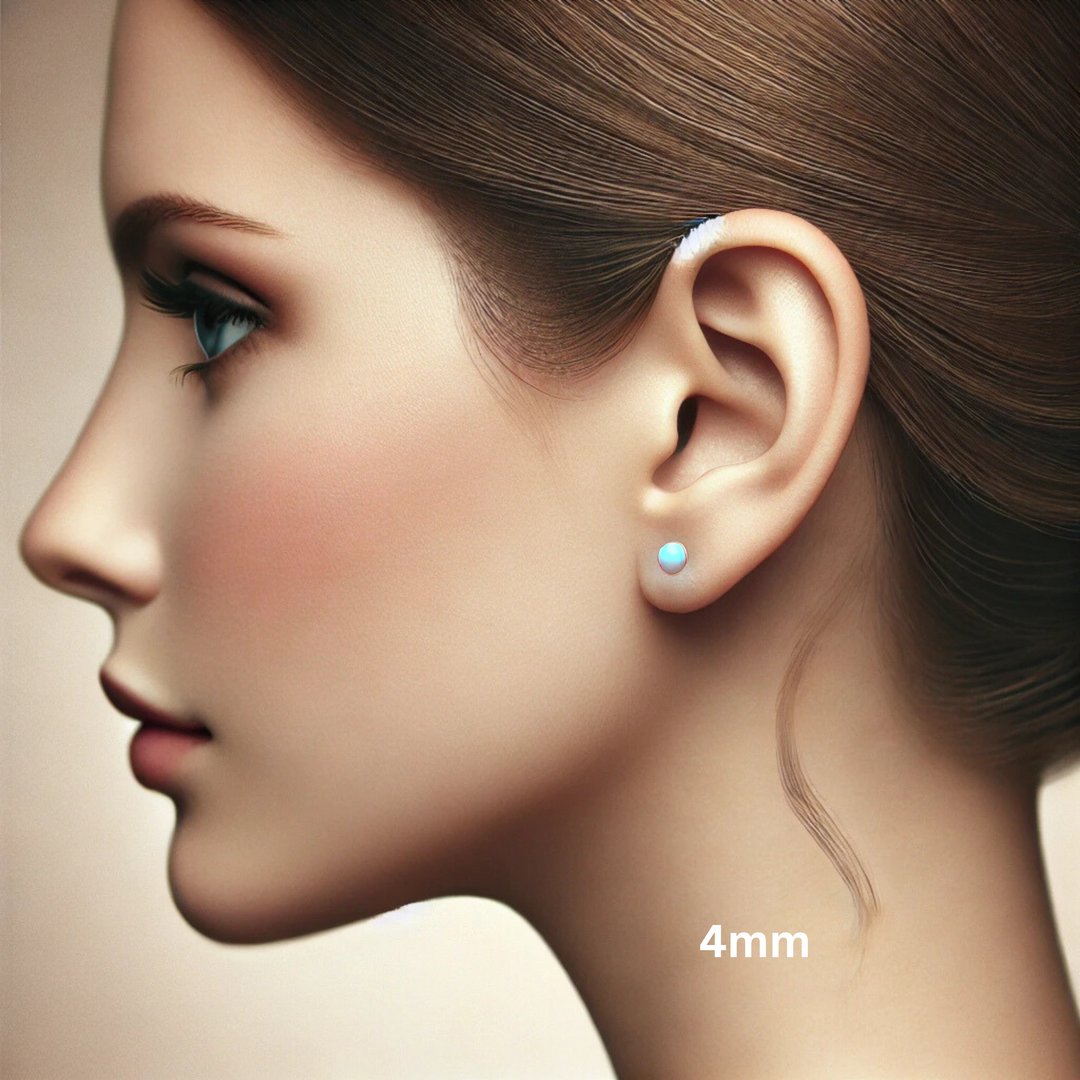 Bezel Set Opal Gold Earrings, 4mm round Opal studs on the ear