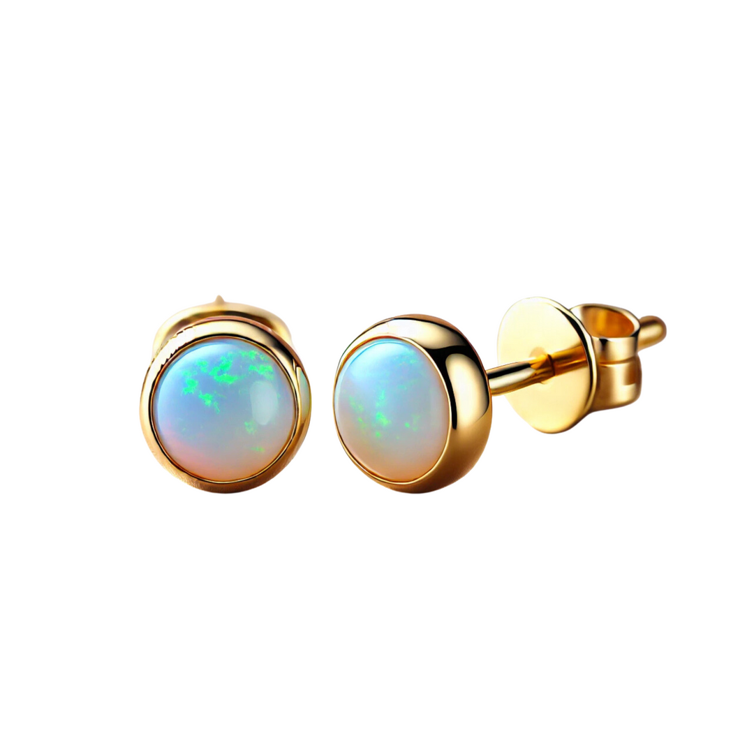 14K Gold Opal Studs, Minimalist Opal Earrings, Australian White Opal, Round 14K Opal Studs