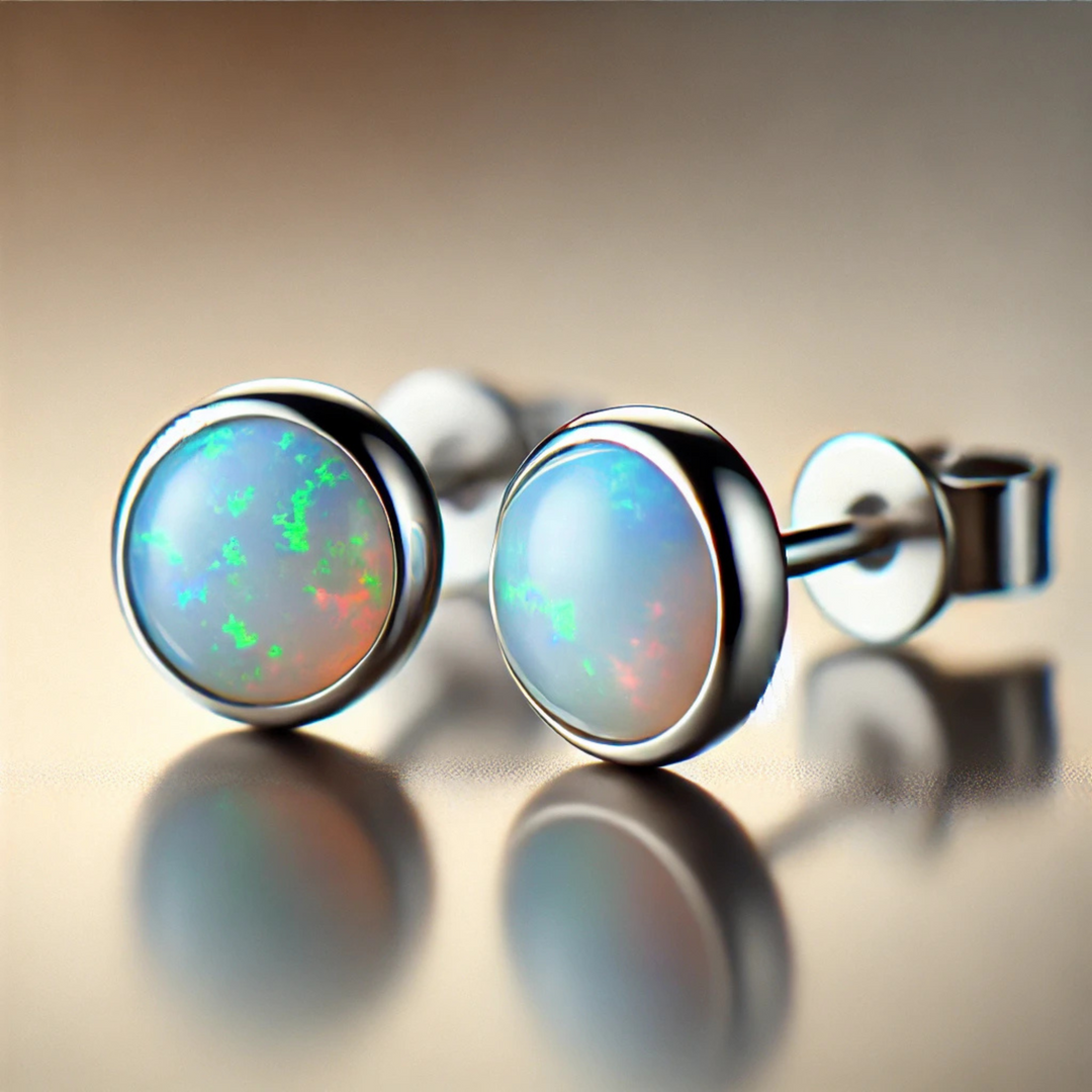 Natural Australian Opal Stud Earrings | AAA Grade Bezel Set in 14K Gold