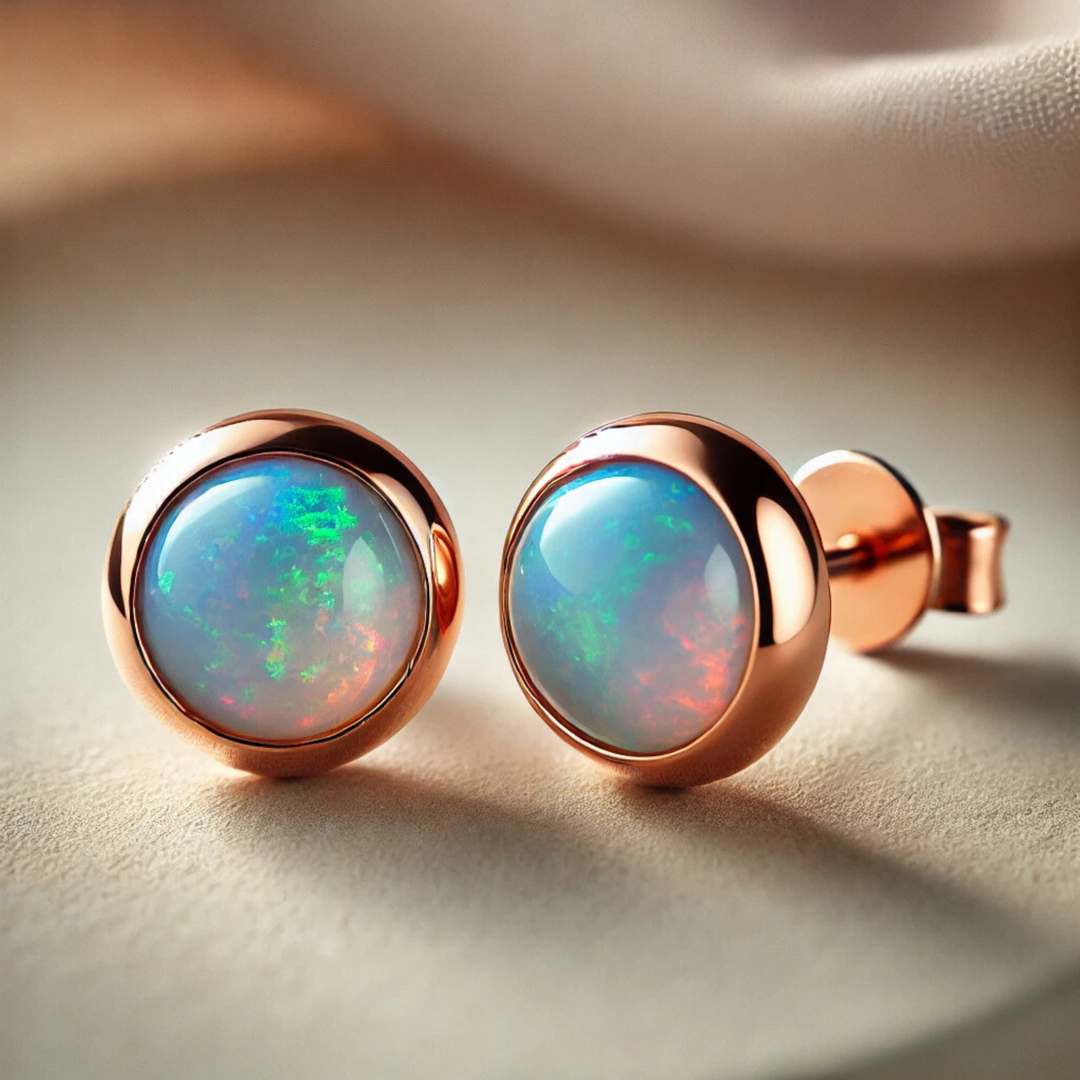 14K Gold Opal Stud Earrings | AAA Grade Solid Australian Opal Cabochons, 4mm 5mm 6mm Round