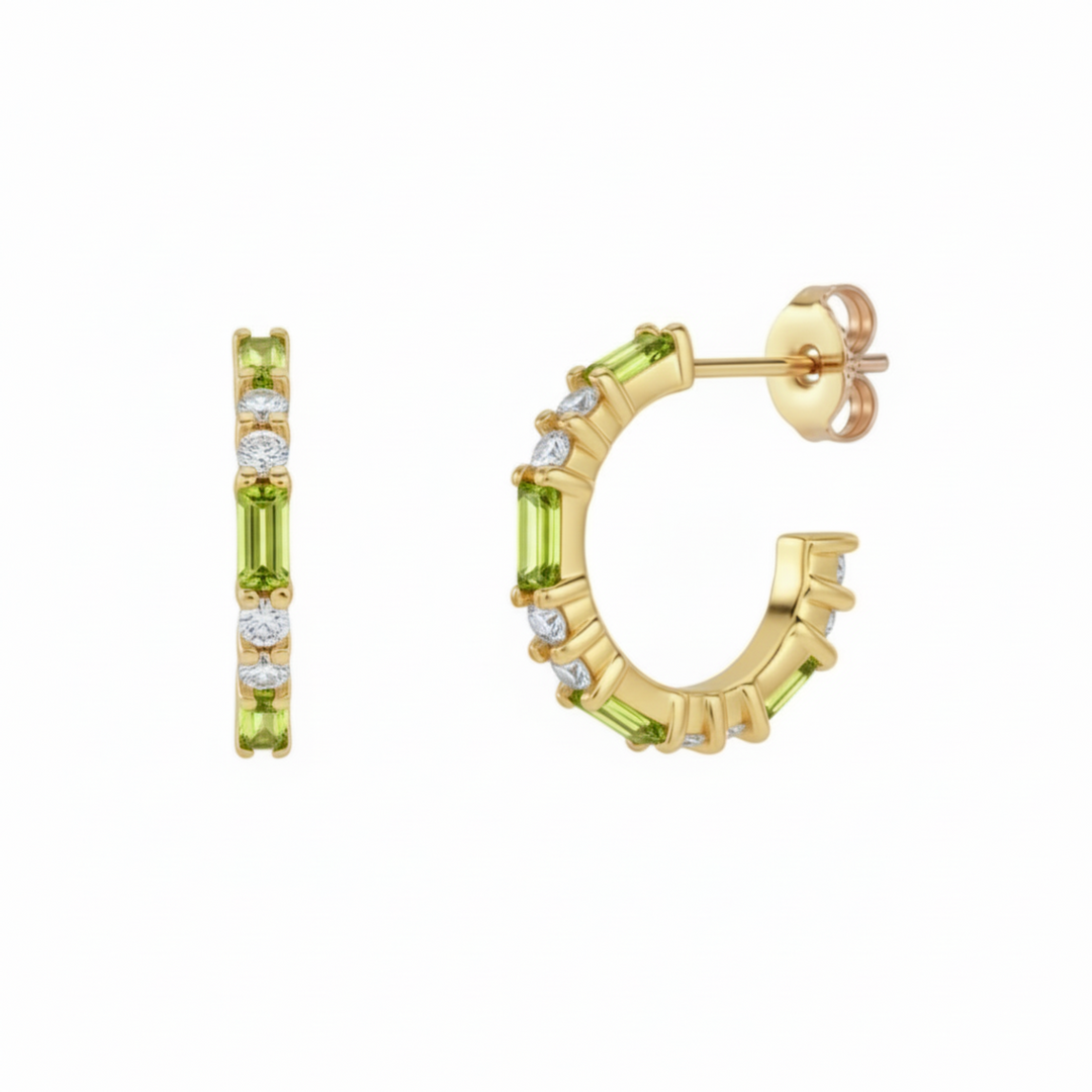 14K peridot and diamond hoop earrings with natural peridot baguettes, August birthstone earrings in 14K Yellow Gold | Rare Earth Jewelry