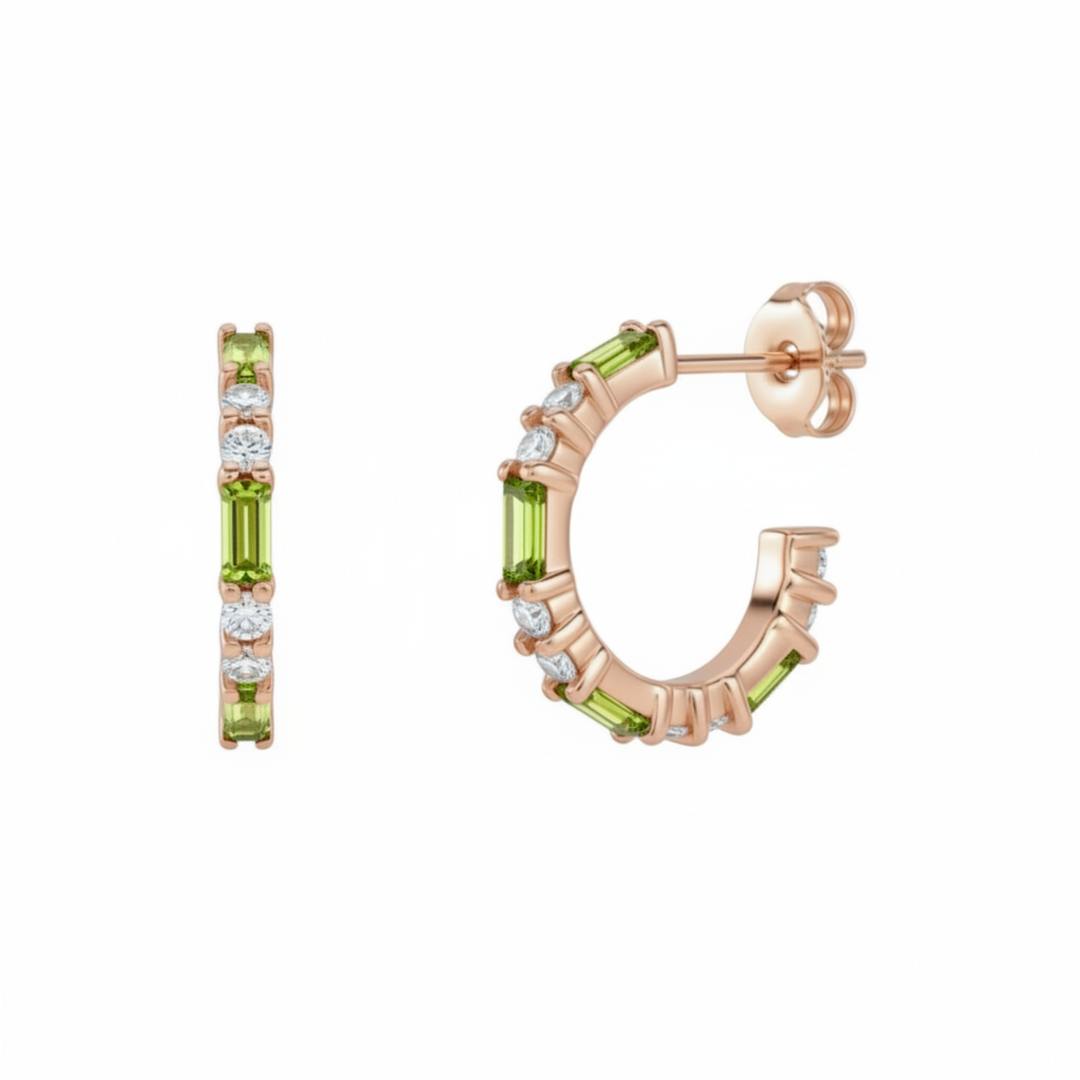 14K Peridot Earrings with Diamonds, Green Gemstone Hoops, Rose Gold Peridot Hoops with Baguettes and Round Diamonds, August Birthday Gift | Rare Earth Jewelry
