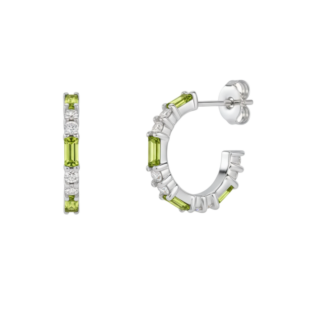 Peridot and diamond earrings, 14K green gemstone hoop earrings with alternating baguettes and round diamonds, August Birthstone Earrings | Rare Earth Jewelry