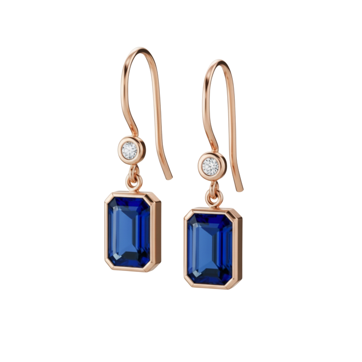 Rose Gold Blue Sapphire Earrings, Emerald Cut Blue Sapphire and Diamond Dangles, 7x5mm or 8x6mm sizes available | Rare Earth Jewelry