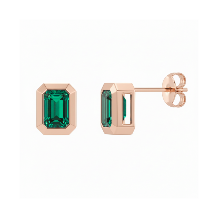 14K rose gold emerald earrings, emerald cut gemstone studs, may birthday gift | Rare Earth Jewelry