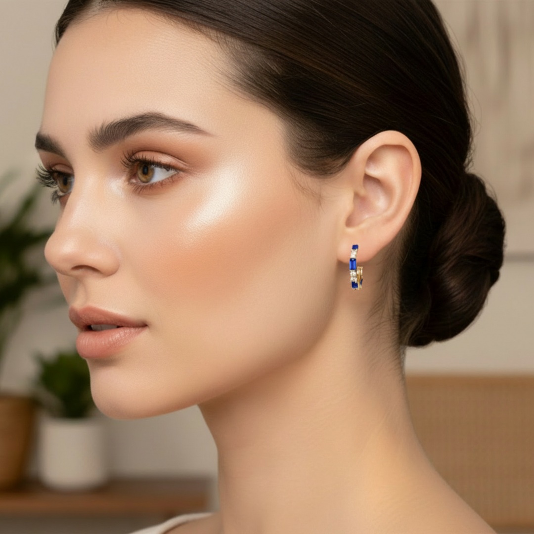 14K Gold Sapphire Diamond Hoop Earrings shown on a the ear, September Birthstone Earrings, Hoops with alternating Sapphire Baguettes and Round Diamonds | Rare Earth Jewelry