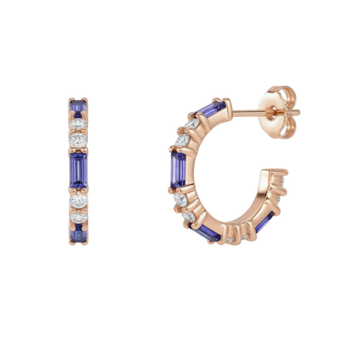 14K Tanzanite Hoop Earrings with Diamonds, Natural Tanzanite Earrings with Baguettes, Shown in Rose Gold.  Purple stone hoops, December Birthday Gift | Rare Earth Jewelry