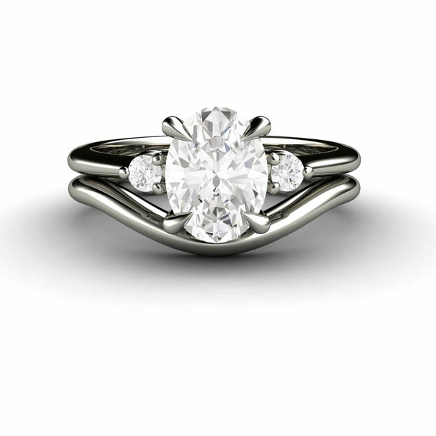 14K White Gold Oval Lab Grown Diamond Engagement Ring Three Stone Wedding Set