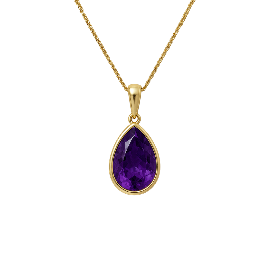 Pear cut amethyst pendant in 14K yellow gold bezel setting on rope chain, minimalist purple gemstone necklace, February birthstone gift | Rare Earth Jewelry