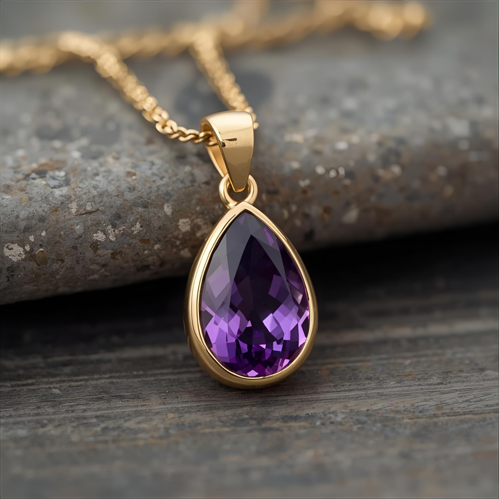 Natural pear amethyst necklace in 14K yellow gold bezel setting on rope chain, modern purple gemstone pendant for women and men | Rare Earth Jewelry