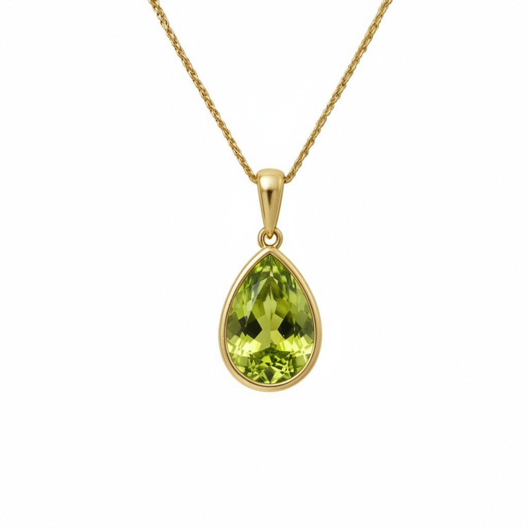 14K Gold Pear Cut Peridot Pendant in a Modern Bezel Setting, August Birthstone Necklace | Rare Earth Jewelry