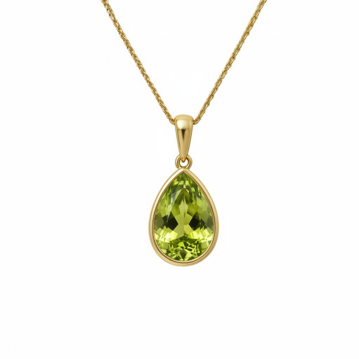 14K Gold Pear Cut Peridot Pendant in a Modern Bezel Setting, August Birthstone Necklace | Rare Earth Jewelry