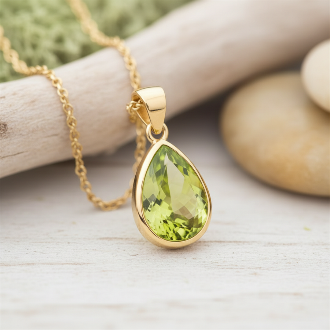14K Gold Peridot Pendant, Natural Pear Cut Peridot Necklace, August Birthstone | Rare Earth Jewelry