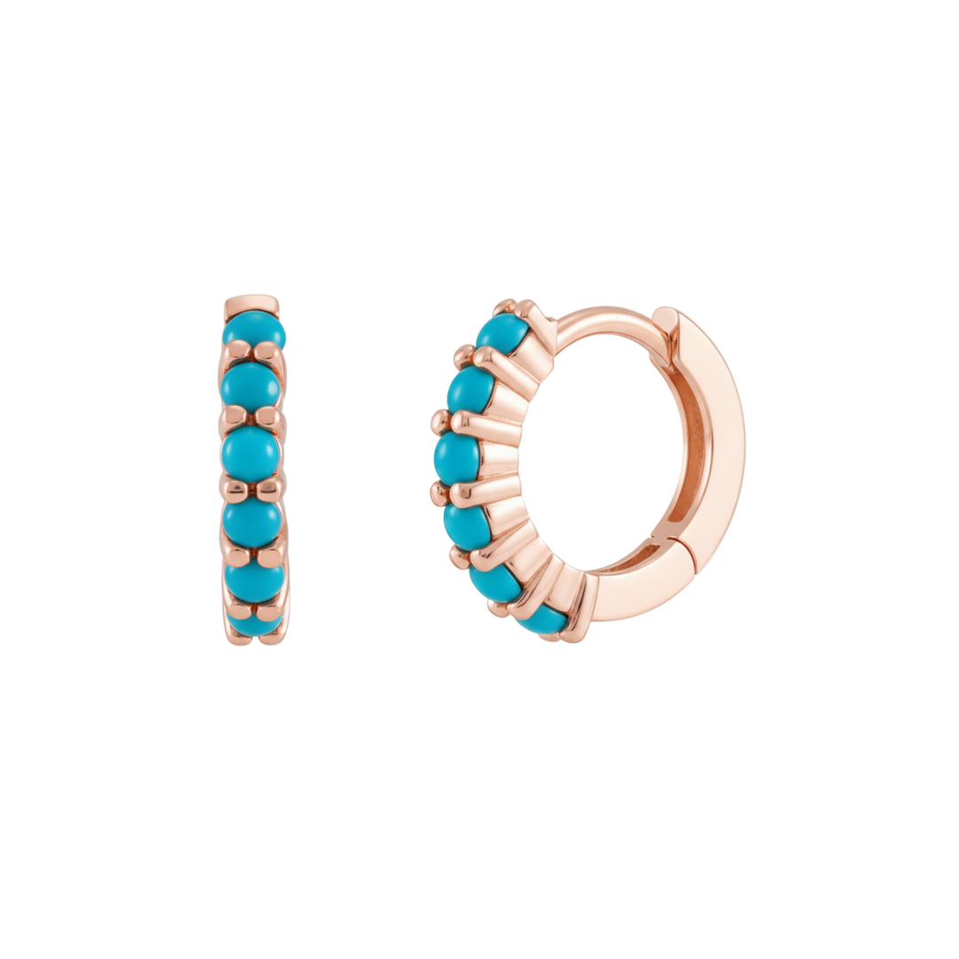 14K rose gold small turquoise huggie hoop earrings with natural turquoise cabochons, prong-set 12mm hoops | Rare Earth Jewelry