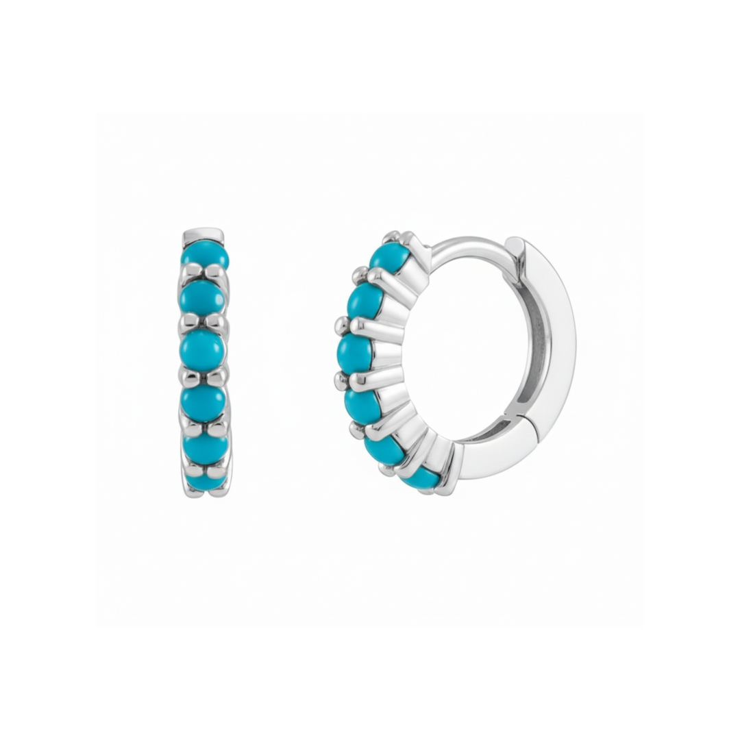 14K white gold tiny turquoise hoop earrings with natural turquoise cabochons in a 12mm prong-set huggie design | Rare Earth Jewelry