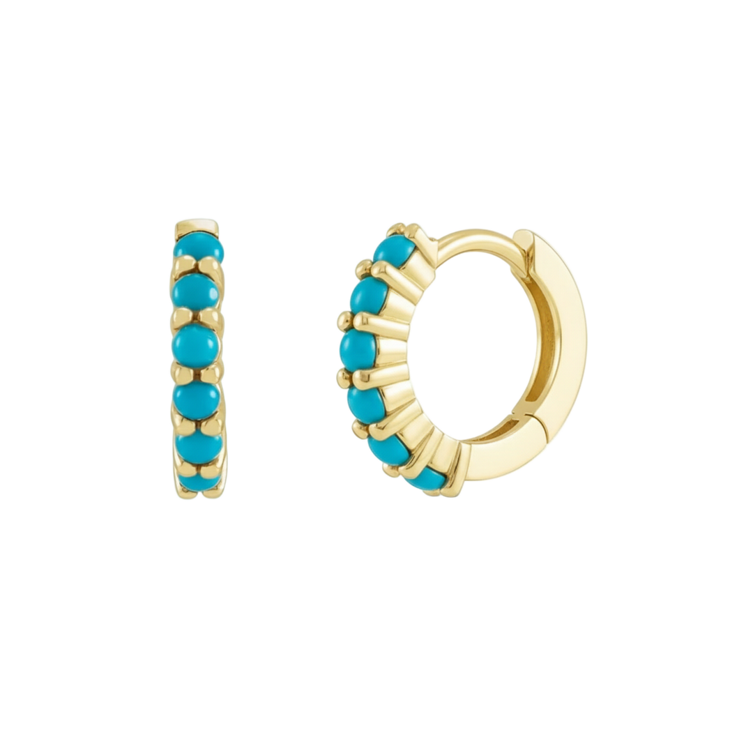 14K yellow gold turquoise hoop earrings with prong-set 2mm cabochons, 12mm small huggie hoops | Rare Earth Jewelry