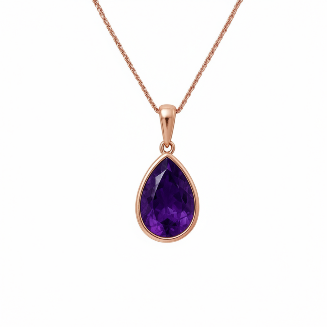Amethyst pear pendant in 14K rose gold bezel setting, sleek modern purple gemstone necklace, unisex gemstone jewelry | Rare Earth Jewelry