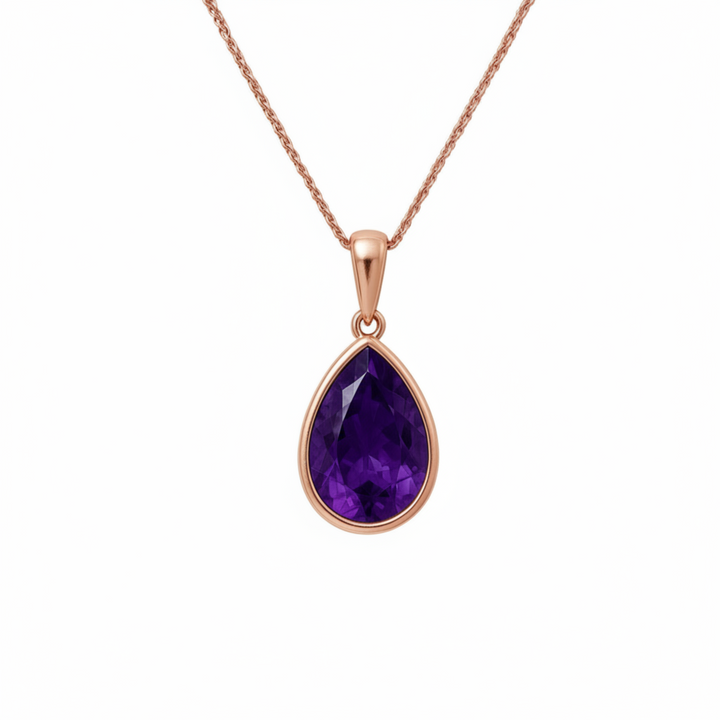 Amethyst pear pendant in 14K rose gold bezel setting, sleek modern purple gemstone necklace, unisex gemstone jewelry | Rare Earth Jewelry