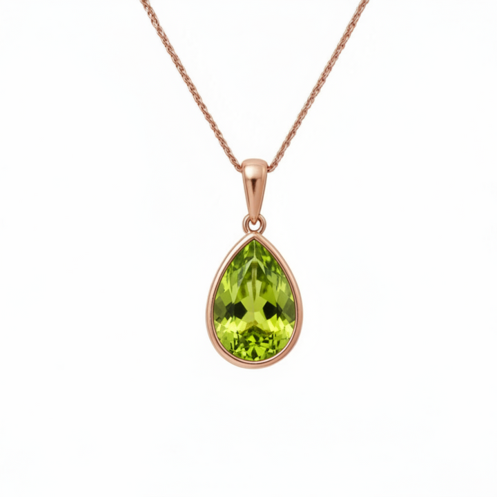 14K Rose Gold Peridot Necklace, Pear Shaped Pendant with Natural August Birthstone | Rare Earth Jewelry