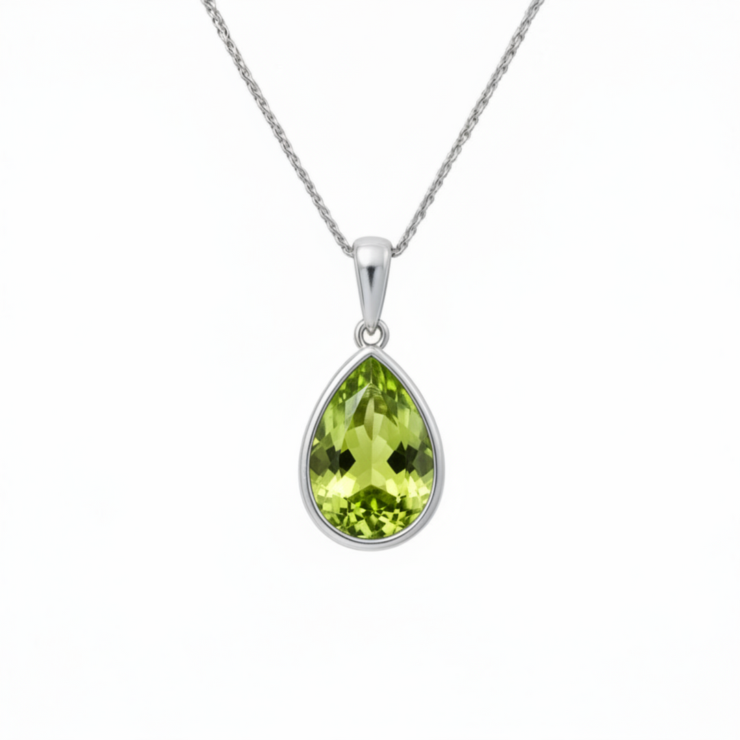 Pear Cut Peridot Pendant in 14K White Gold on Rope Style Chain, August Birthstone Jewelry | Rare Earth Jewelry