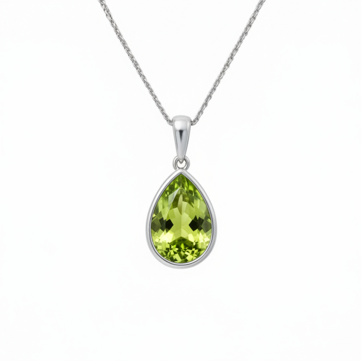 Pear Cut Peridot Pendant in 14K White Gold on Rope Style Chain, August Birthstone Jewelry | Rare Earth Jewelry