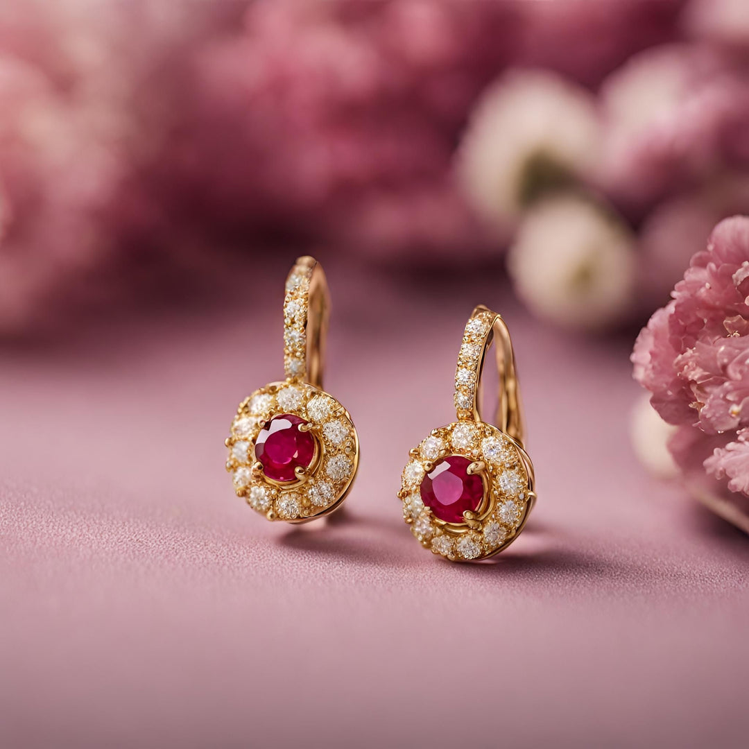 18K Gold round Ruby and Diamond earrings with leverback settings from Rare Earth Jewelry.