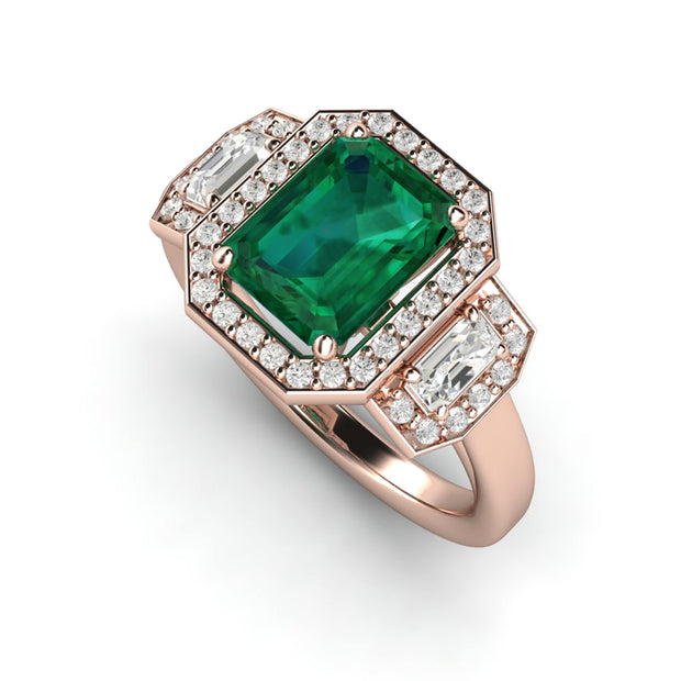 18K Rose Gold emerald Ring 3 stone halo design with lab created emerald.