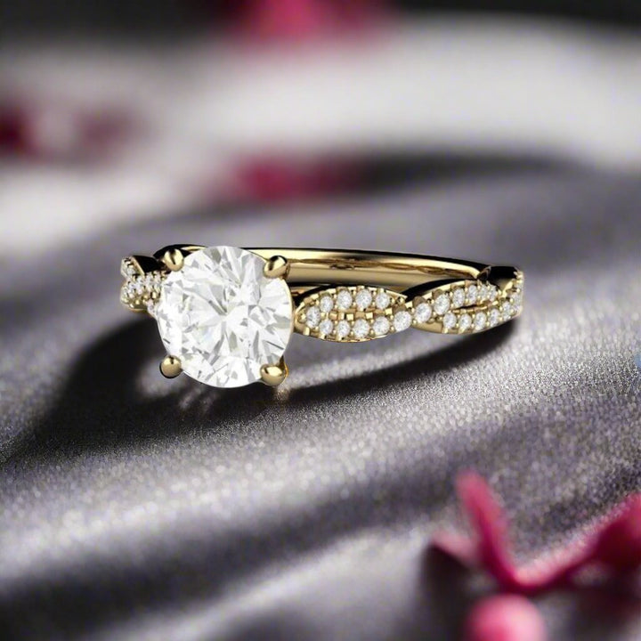 1 carat Moissanite Engagement Ring, Infinity Design Solitaire with Pave Diamond Twisted Band, 14K Yellow Gold