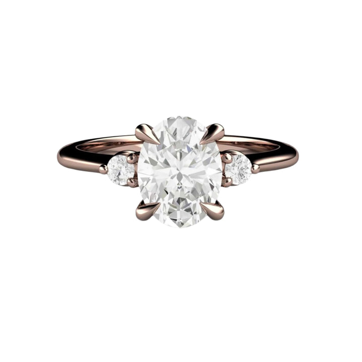 Oval Lab Created Diamond Engagement Ring, 3 Stone with Claw Prongs, 14K Rose Gold