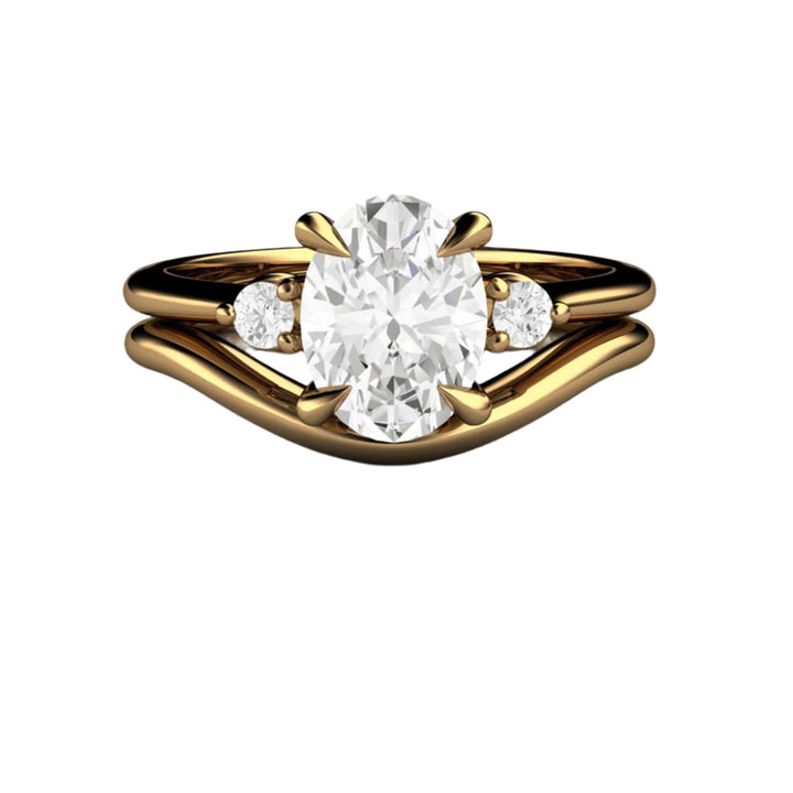 1ct Oval Lab Grown Diamond Engagement Ring Three Stone Trio - 18K Yellow Gold Bridal Set - Rare Earth Jewelry.