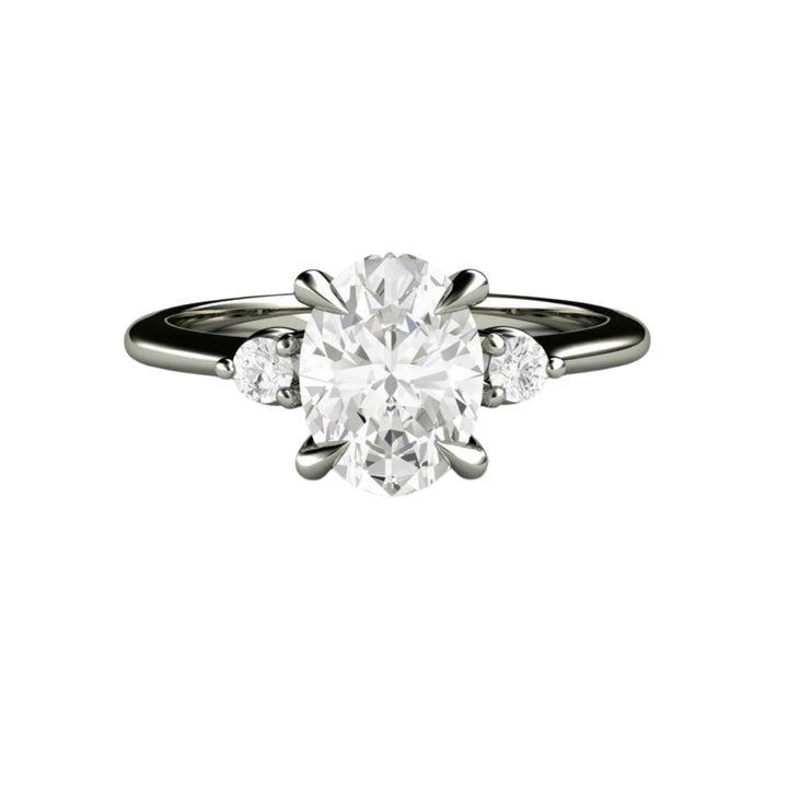 Oval Lab Grown Diamond Ring, 3 Stone Engagement Ring, Claw Shaped Prongs, 14K or 18K White Gold