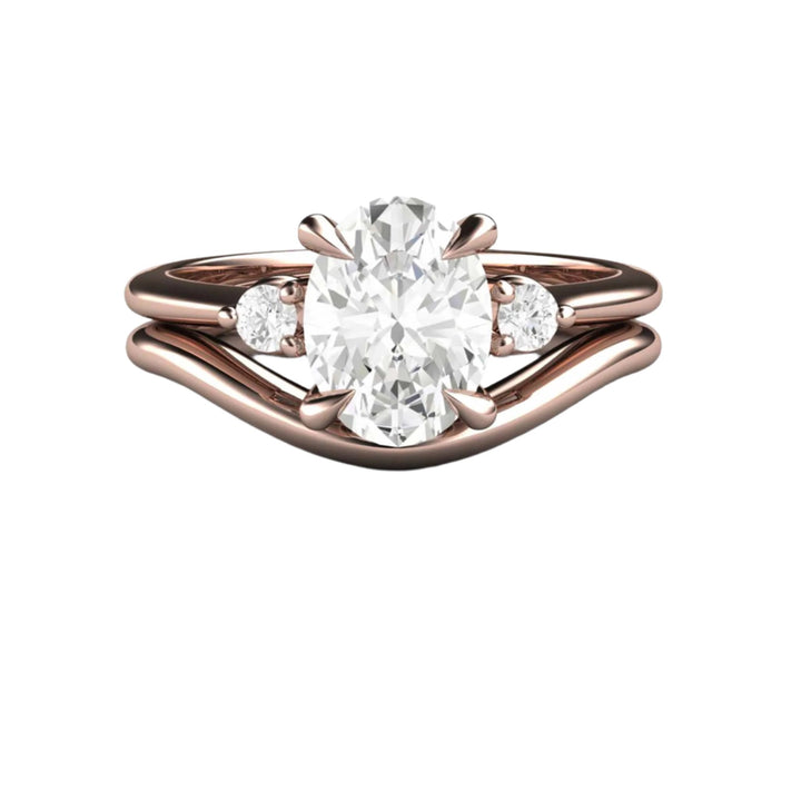 1ct Oval Lab Grown Diamond Engagement Ring Three Stone Trio, 18K Rose Gold Bridal Set