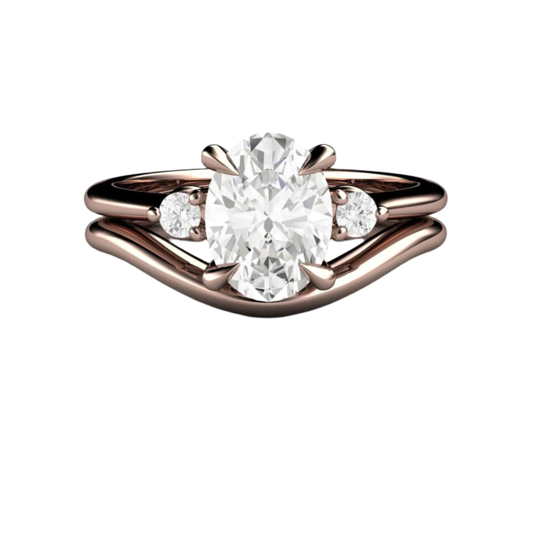 Oval 3 Stone Lab Grown Diamond Engagement Ring, 14K Rose Gold Wedding Set