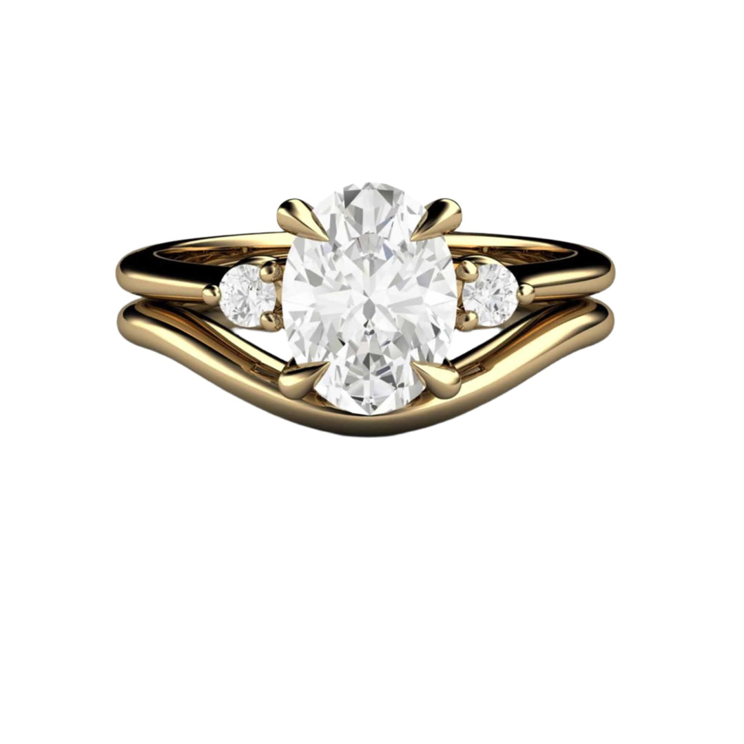 1ct Oval Lab Grown Diamond Engagement Ring Three Stone Trio, 14K Yellow Gold Wedding Set