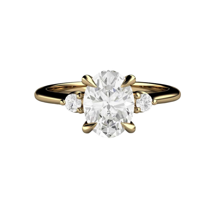 1ct Oval Lab Grown Diamond Engagement Ring, 3 Stone Trio Design, Claw Prongs, Dainty Band in Gold or Platinum