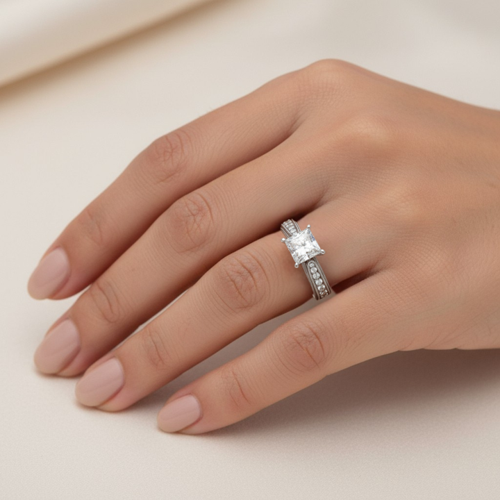 1 Carat Princess Cut Diamond Solitaire with Diamond Accents in Gold or Platinum shown on the Hand. | Rare Earth Jewelry