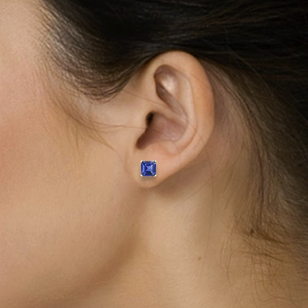 Asscher Cut Blue Sapphire Stud Earring on the Ear, 1 Carat Asscher Cut Blue Sapphire Earring on the Ear, 2CTW Ceylon Sapphire Studs