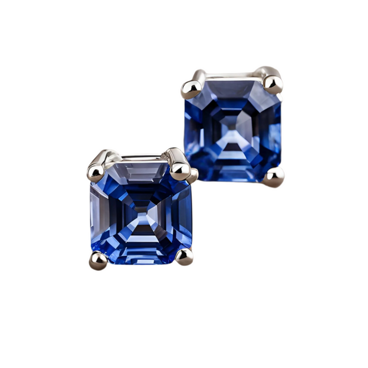 2ct Asscher Cut Blue Sapphire Stud Earrings, Natural Sapphire Earrings in 14K Gold,  Light Blue Ceylon Sapphire Studs.