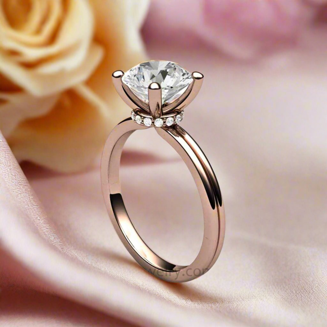 2ct Moissanite Solitaire Engagement Ring with Hidden Halo and Double Band, 8mm Round Forever One Colorless Moissanite Ring.