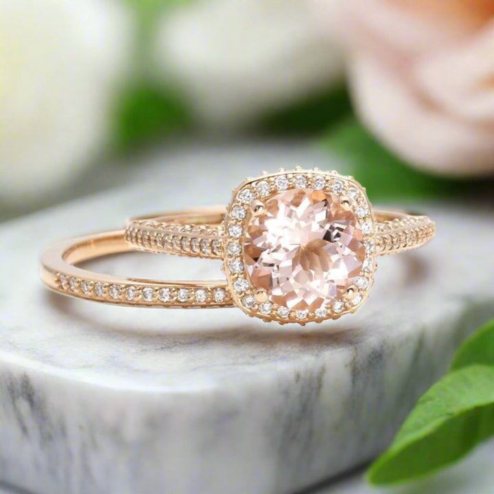 2ct Natural Morganite Halo Engagement Ring and Matching Wedding Band with Pave Diamonds in 18K Rose Gold.