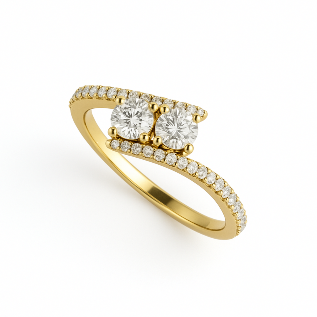 Two Stone Diamond Engagement Ring in 14K Gold, 18K Gold and Platinum, Diamond Toi et Moi Ring, Pave Diamond Bypass Setting | Rare Earth Jewelry