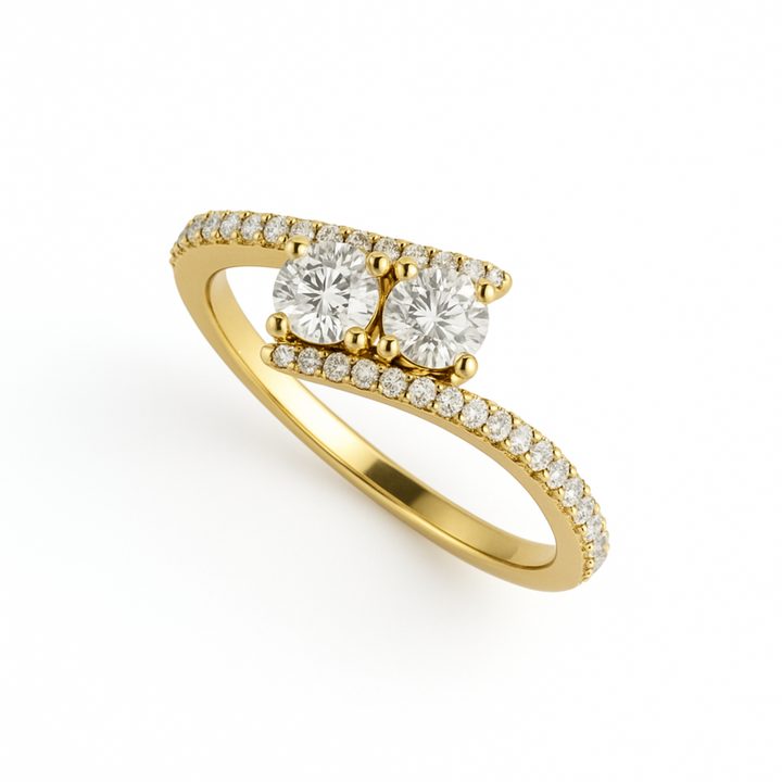 Two Stone Diamond Engagement Ring in 14K Gold, 18K Gold and Platinum, Diamond Toi et Moi Ring, Pave Diamond Bypass Setting | Rare Earth Jewelry