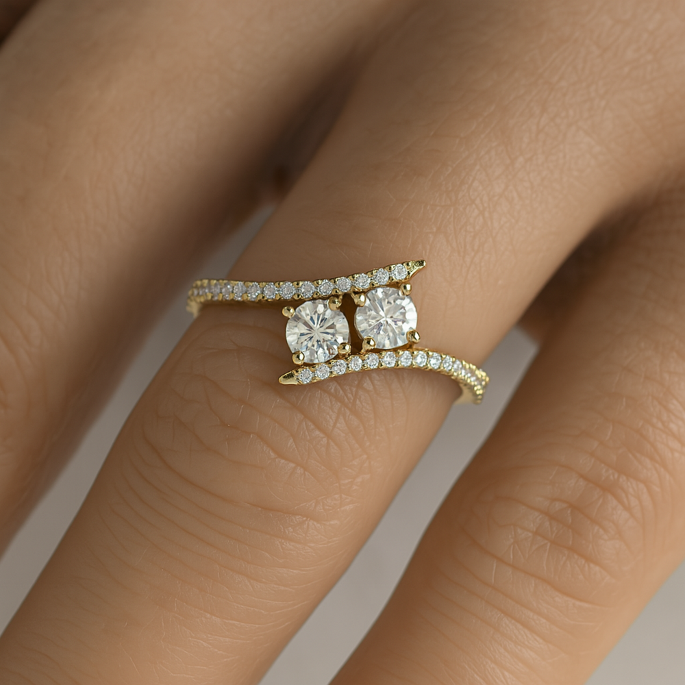 2 Stone Diamond Engagement Ring on Hand, Diamond Toi et Moi Ring on the Finger in Yellow Gold | Rare Earth Jewelry