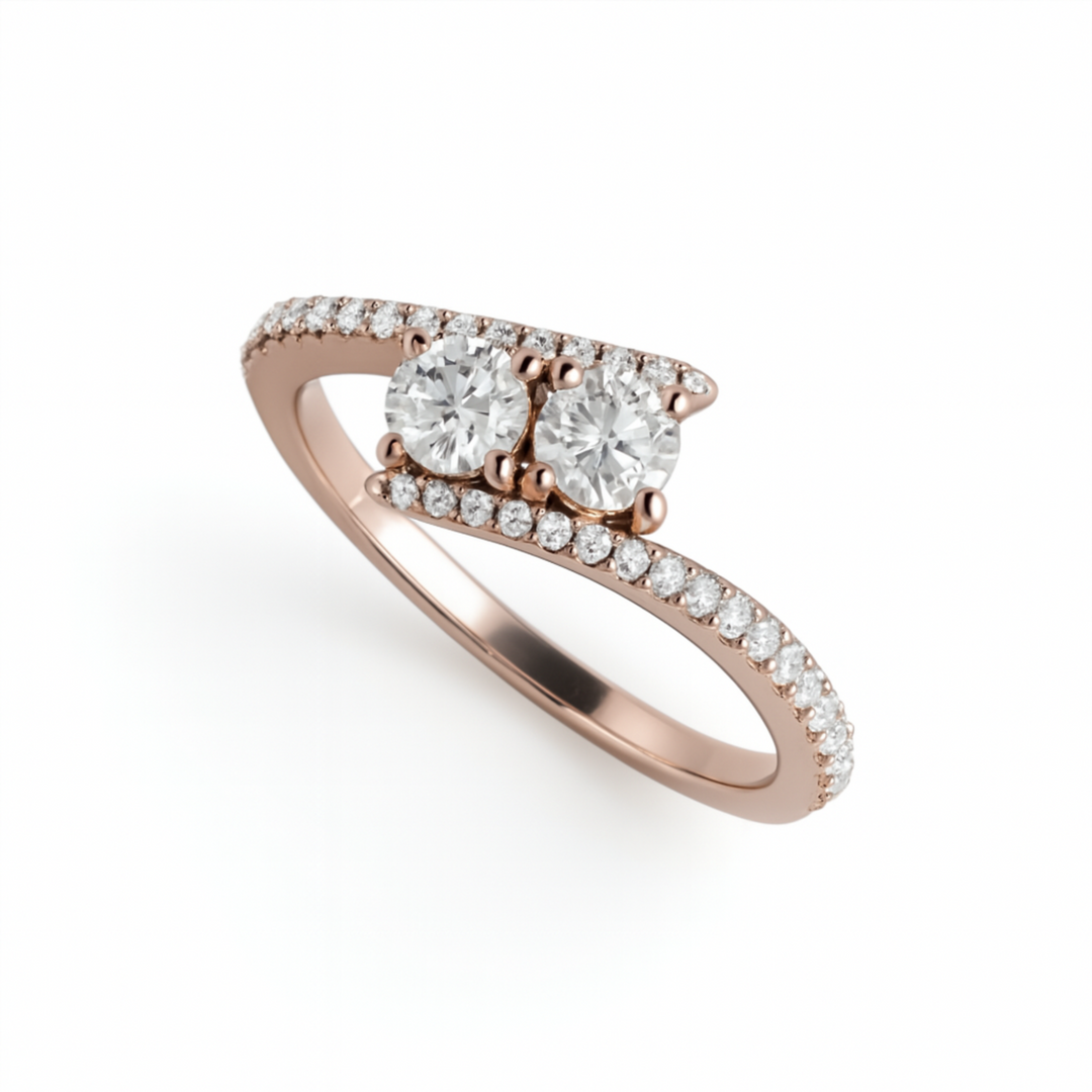 2 Stone Diamond Engagement Ring with Pave Diamonds and Split Shank Toi et Moi Design in Rose Gold | Rare Earth Jewelry